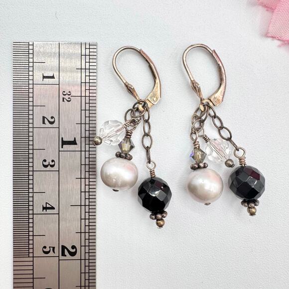 925 Silver Pearl Crystal Glass Beaded Dangle Cha Cha Earrings Black White Boho - Picture 10 of 12